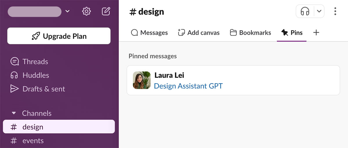 Screenshot of a design assistant GPT pinned in a Slack channel