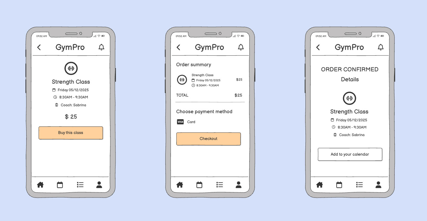 Three mobile screens of a gym app, each with a “Back” button in the top left for consistent navigation.