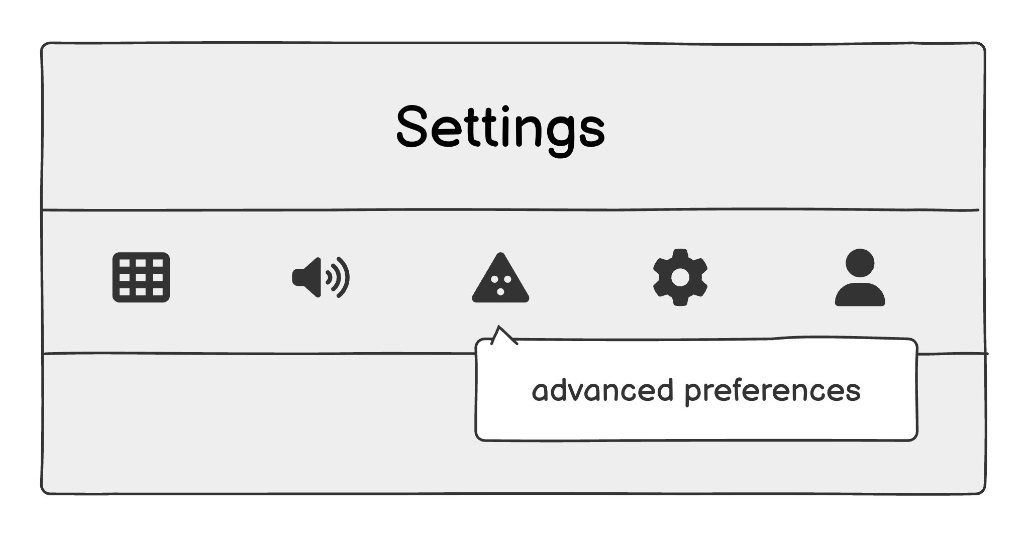 Settings panel with several icons; a triangle icon triggers a tooltip on hover that says “advanced preferences,” helping clarify an ambiguous symbol.