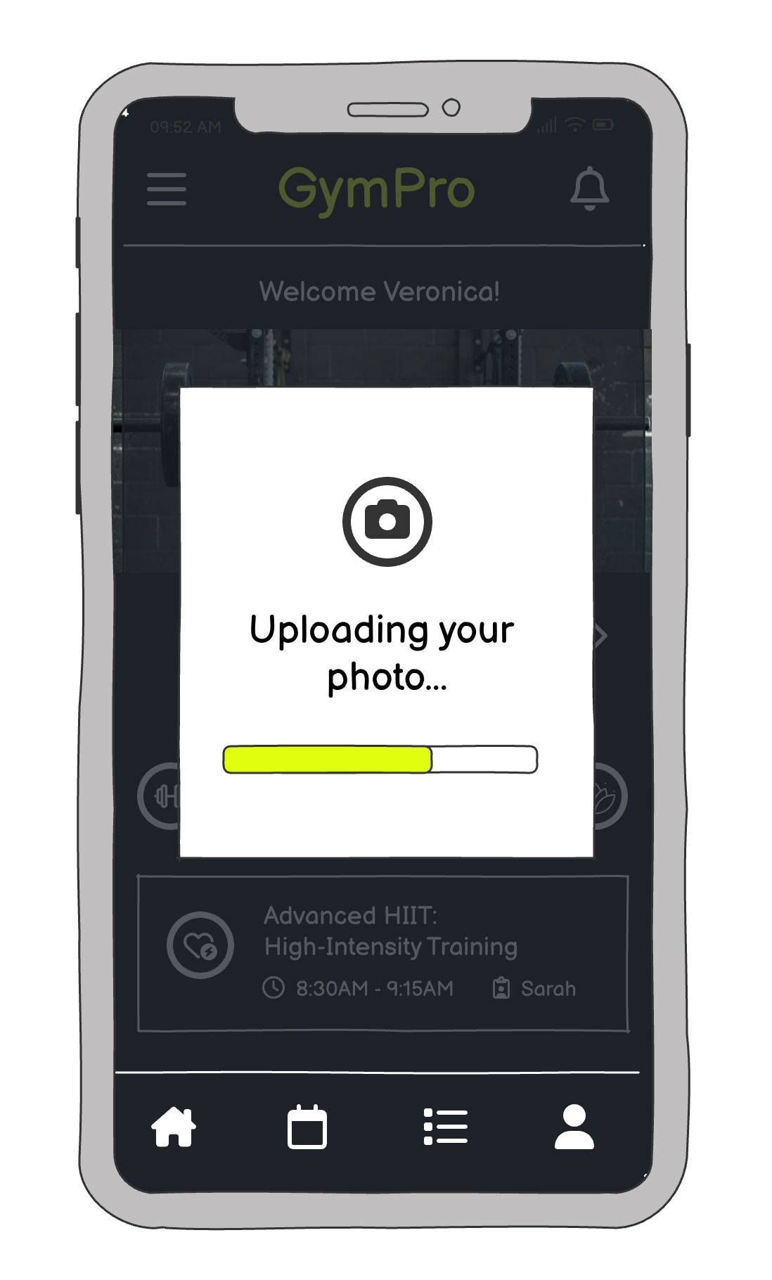 Mobile app screen showing a file uploading animation with the status message “Uploading your photo…”.