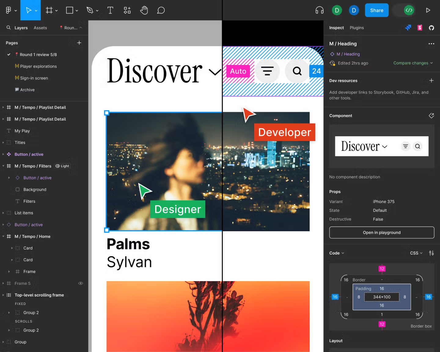 Figma UI: split to show designer and developer views.