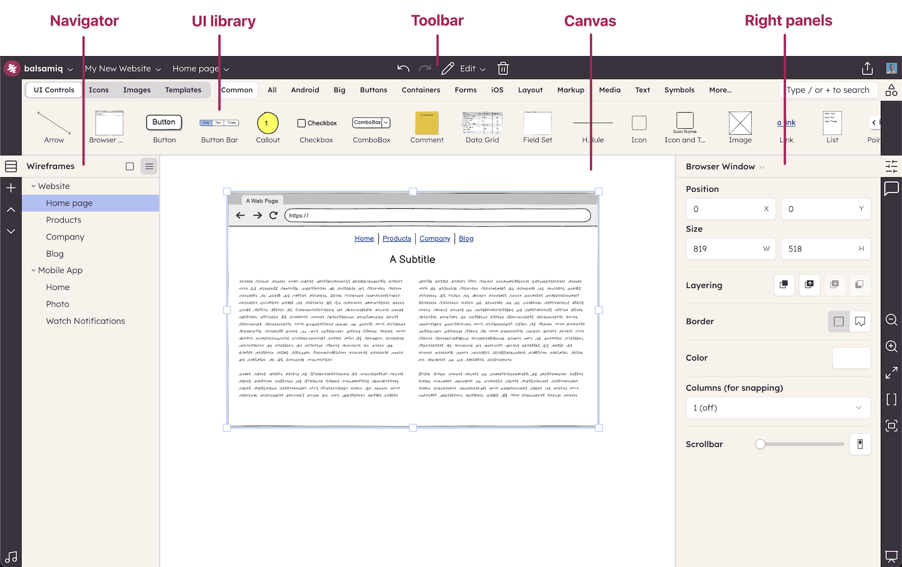 Balsamiq editor with Navigator, UI library, Toolbar, Canvas, and Right panels labeled.