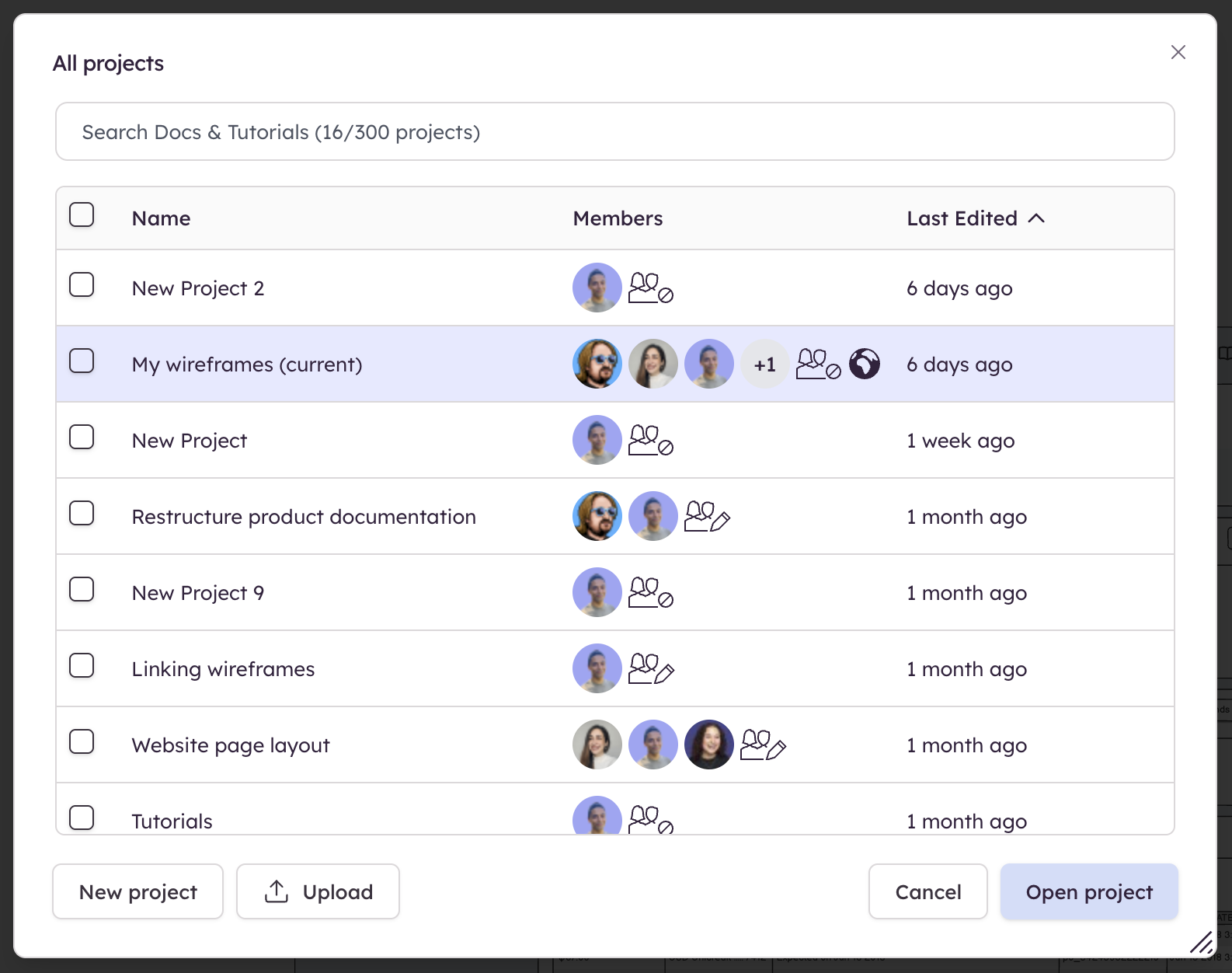 Screenshot of the All Projects dialog to find, search, and open existing wireframing projects or create a new one.