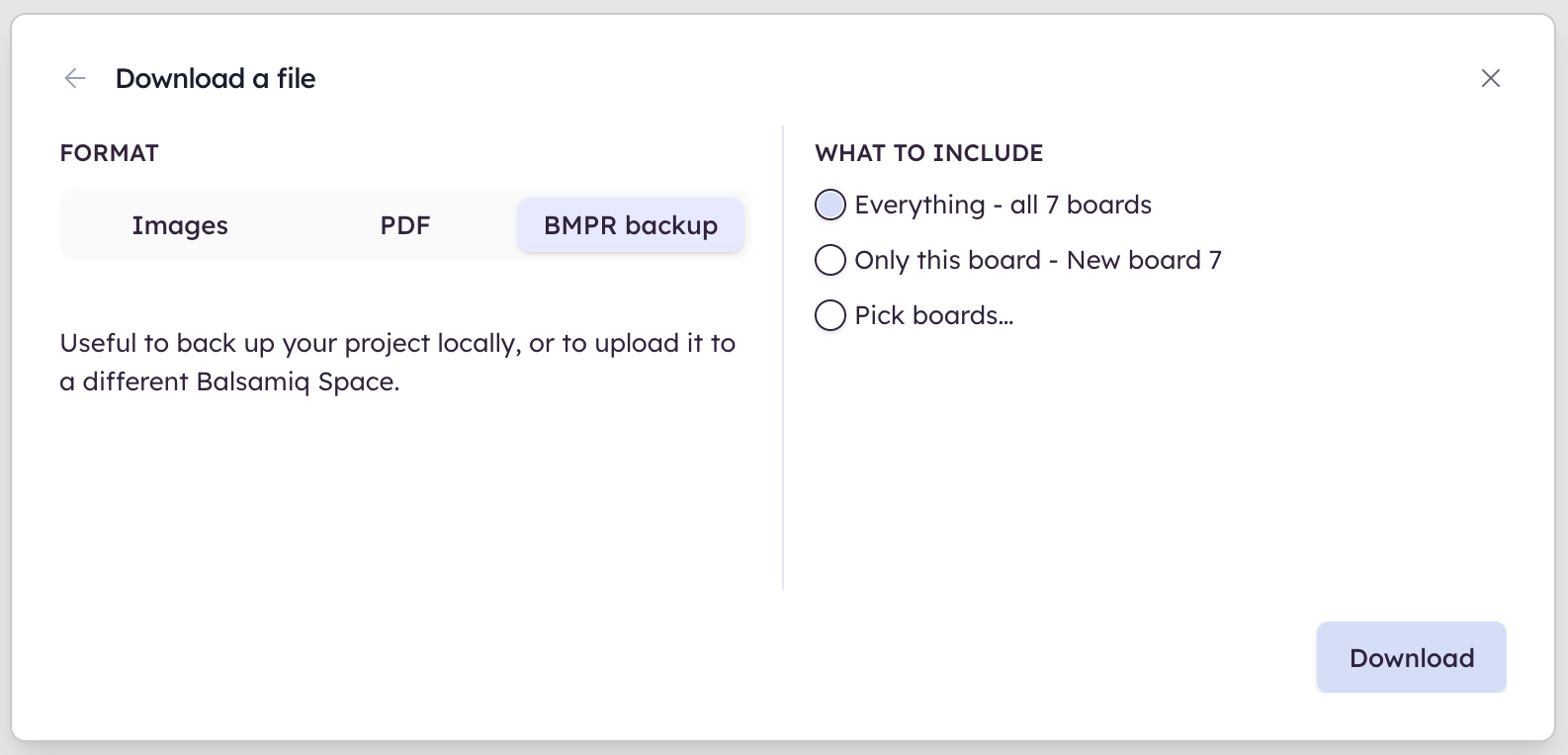 Screenshot of export options to back up or move boards as PDF, images, or BMPR files to another Space.