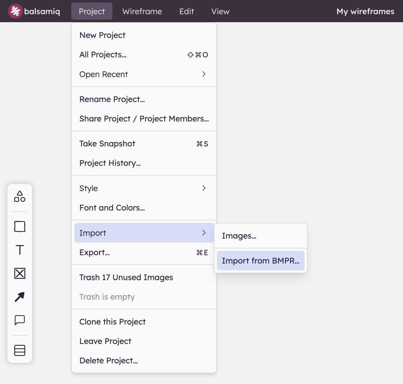 Screenshot of the Project menu from where you can import an existing Balsamiq BMPR file into your current project.