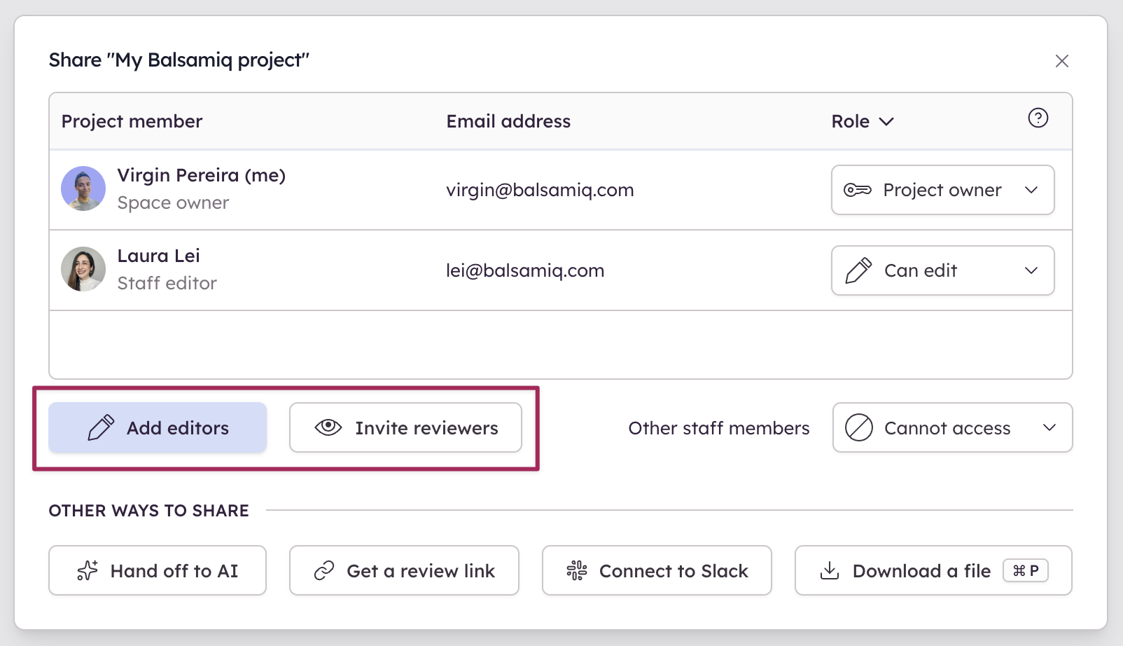 Screenshot of the sharing dialog highlighting the invite options.