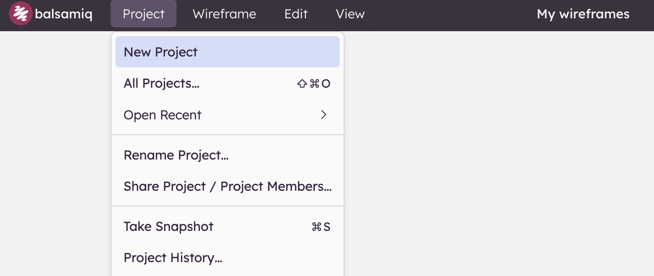 Use the Project menu to start a new wireframing project or manage existing ones.