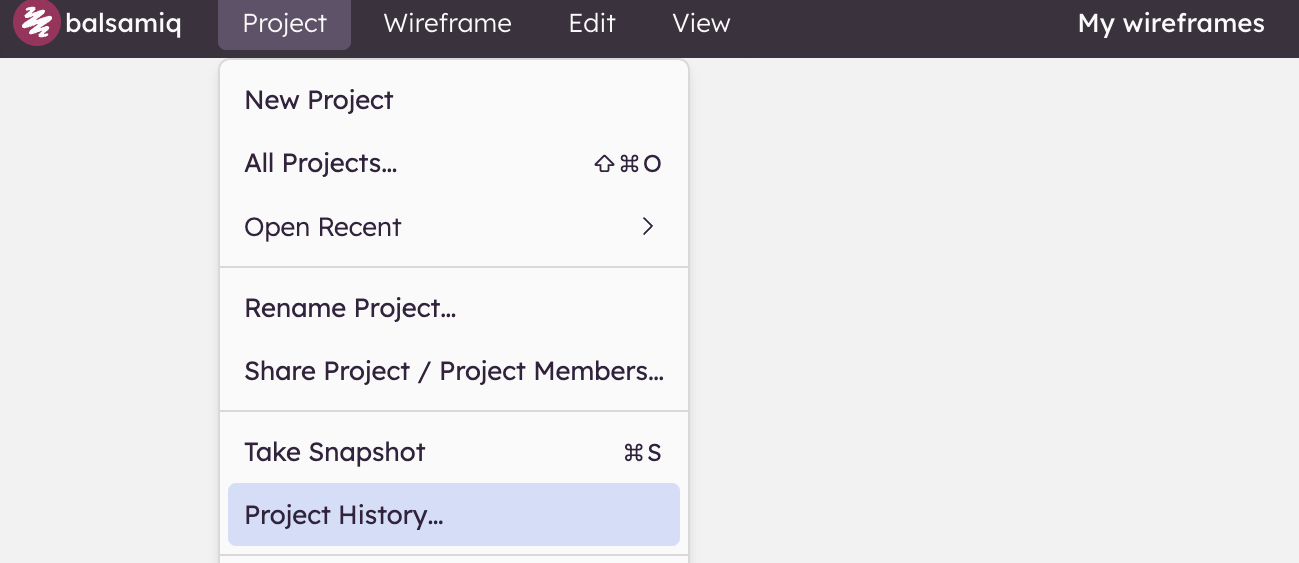 Screenshot of Project menu with “Project History” option to access tracked edits, invites and snapshots