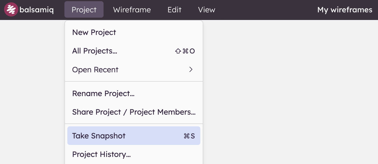 Screenshot of Project menu with “Take Snapshot” option to save the current state of the board manually.