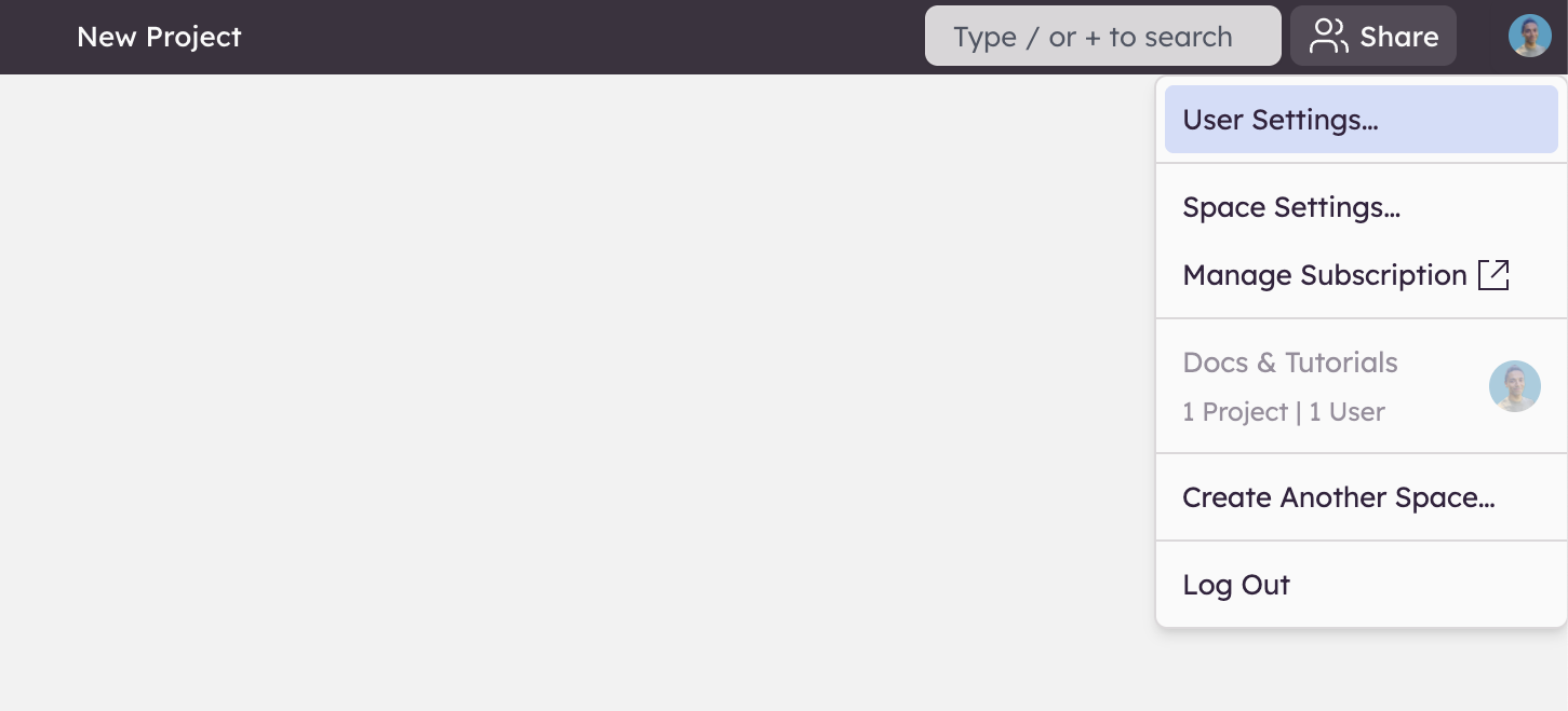 Open Balsamiq Cloud User Settings from your avatar menu to manage account preferences.