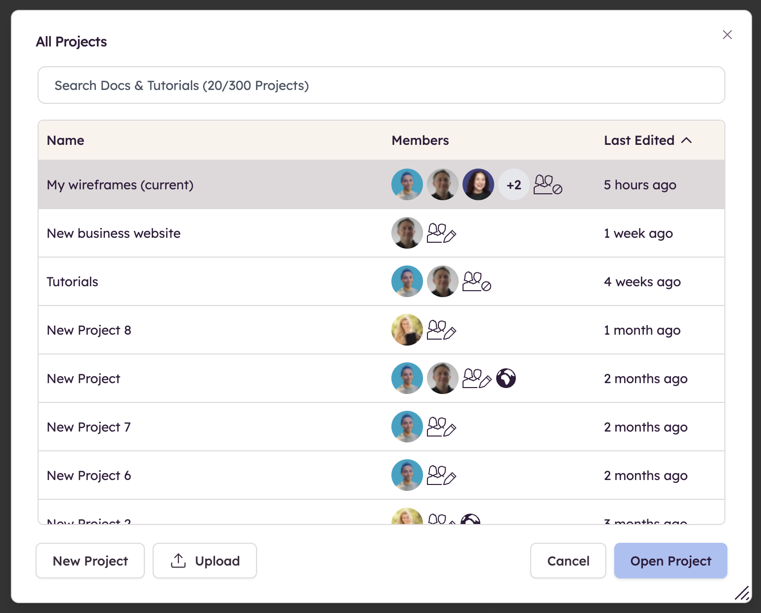 Screenshot of the All Projects dialog to find, search, and open existing wireframing projects or create a new one.