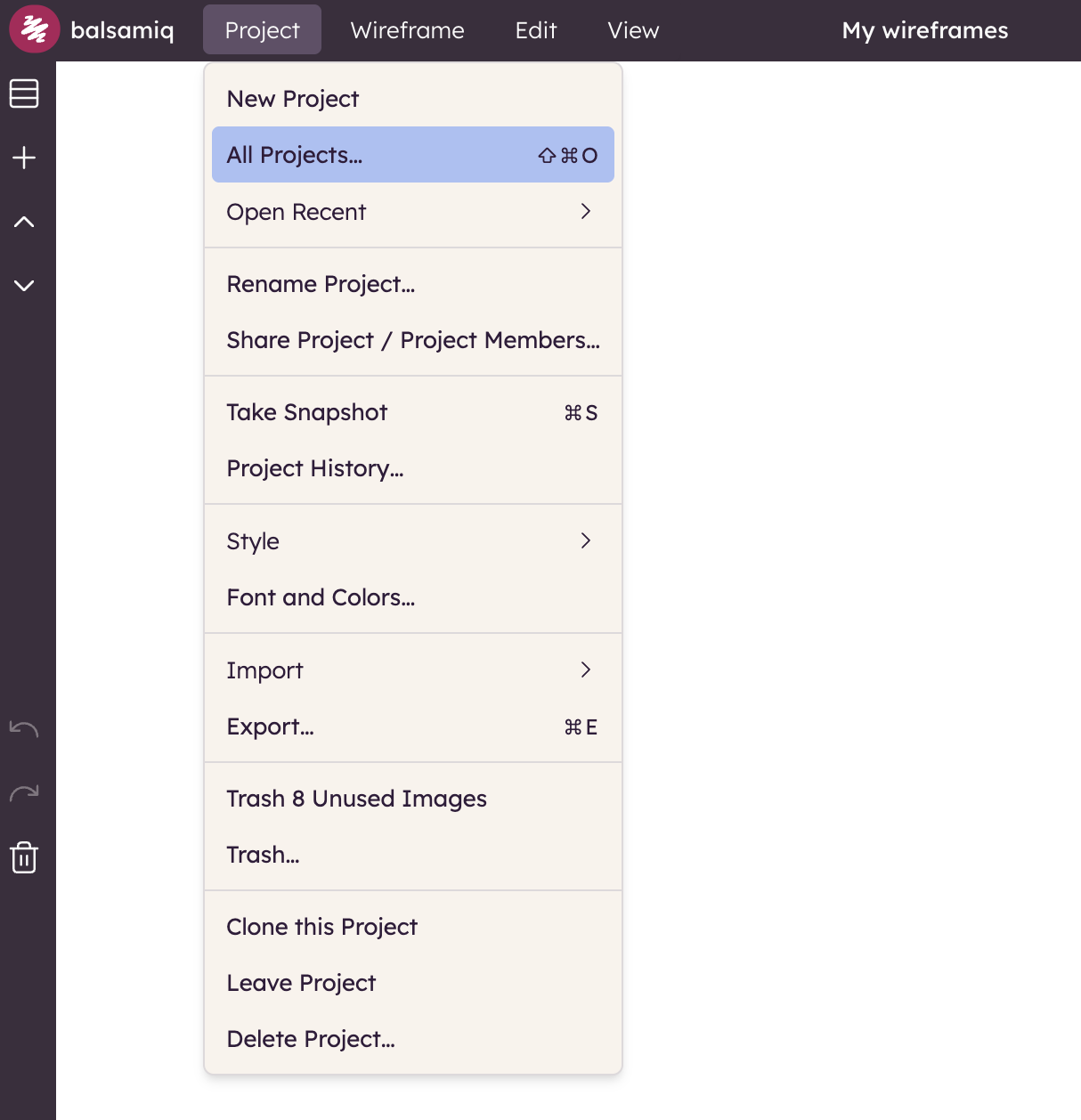 Screenshot of the All projects menu option to open existing wireframing projects.