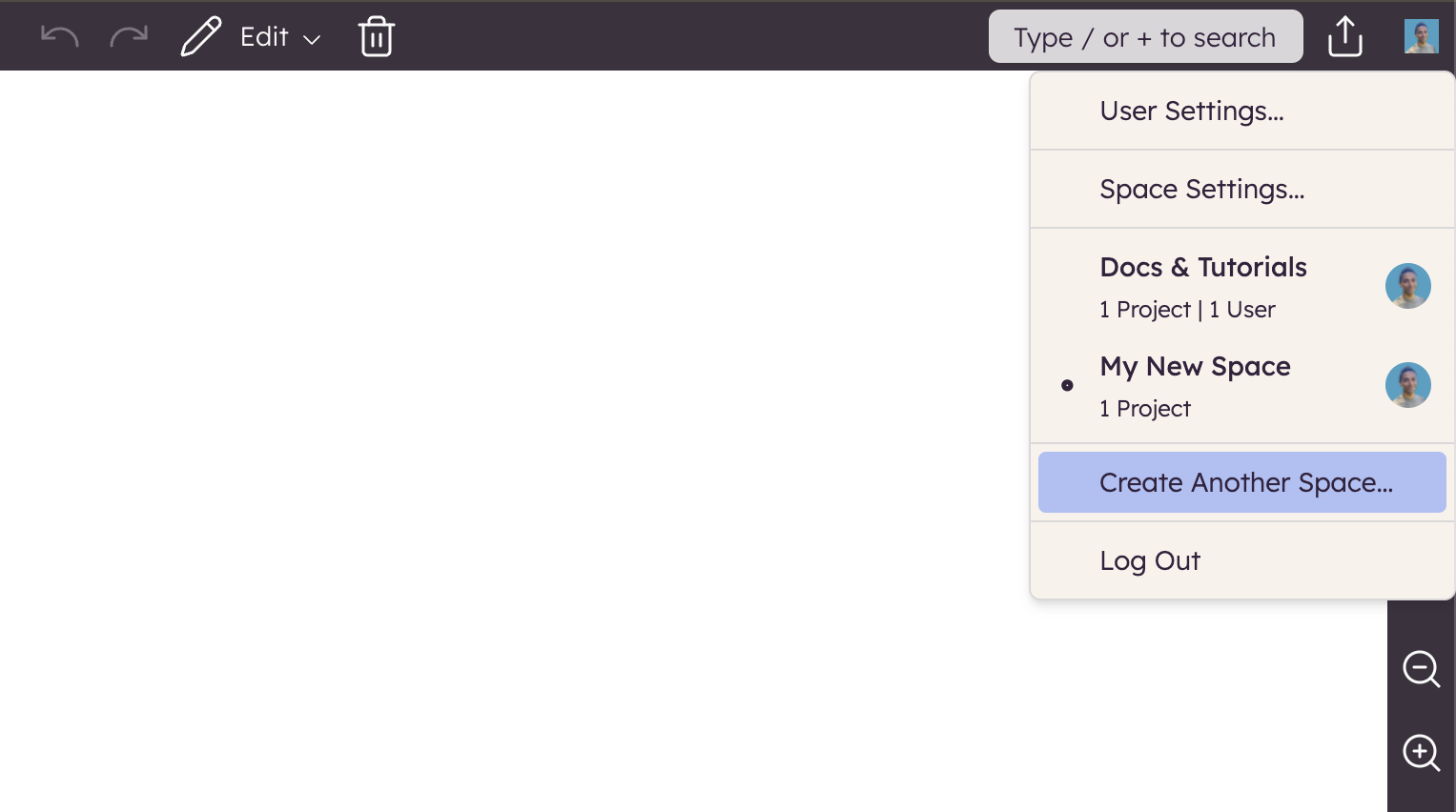 Select 'Create Another Space' from the avatar menu to add a new workspace.