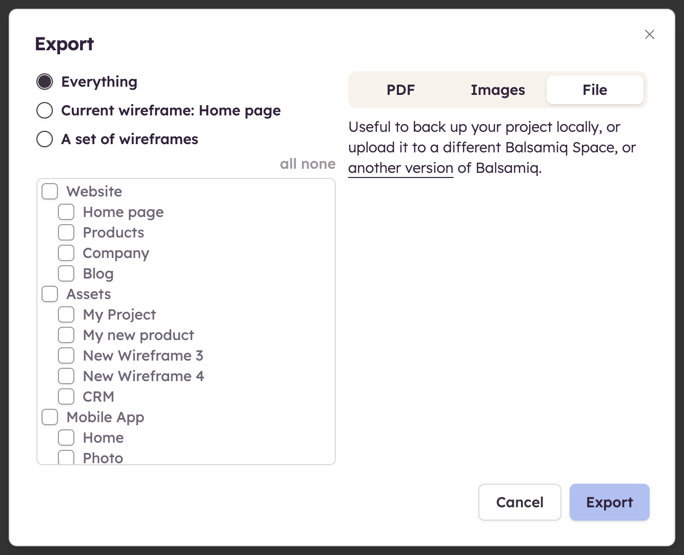 Screenshot of export options to back up or move wireframes as PDF, images, or BMPR files to another Space.