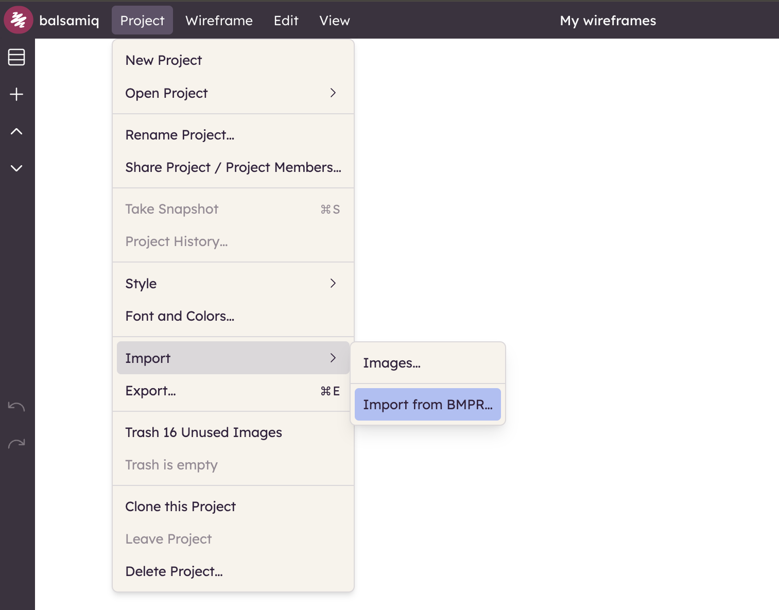 Screenshot of the Project menu from where you can import an existing Balsamiq BMPR file into your current project.
