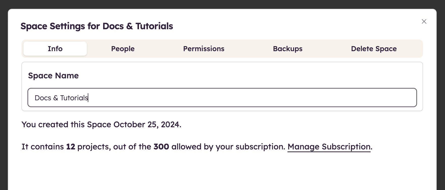 Update the Space name and view subscription details in Space Settings.