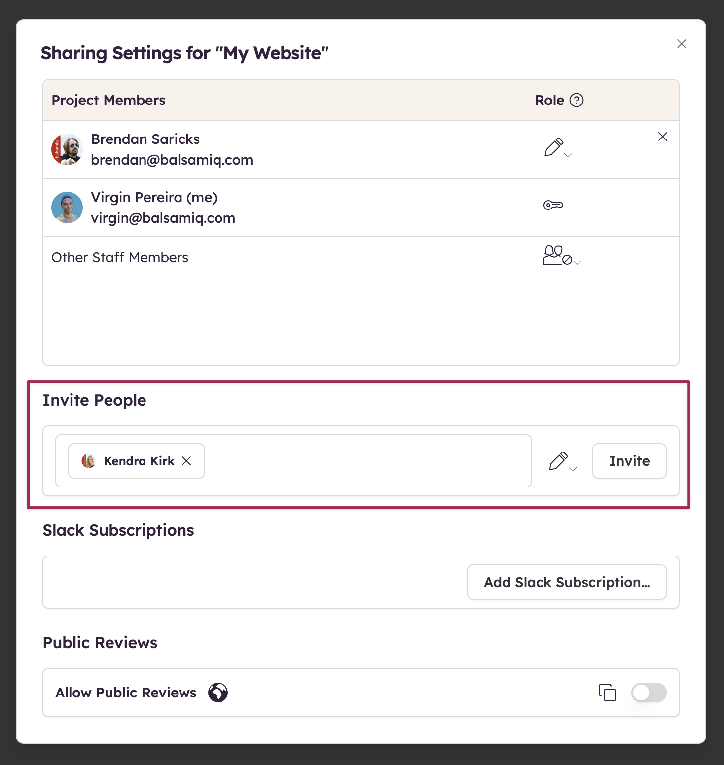 Screenshot of Invite People field with example user Kendra Kirk selected and ready to be added to the project.