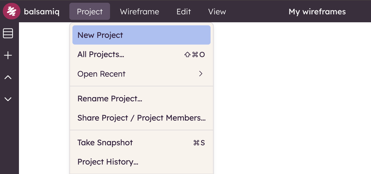 Use the Project menu to start a new wireframing project or manage existing ones.