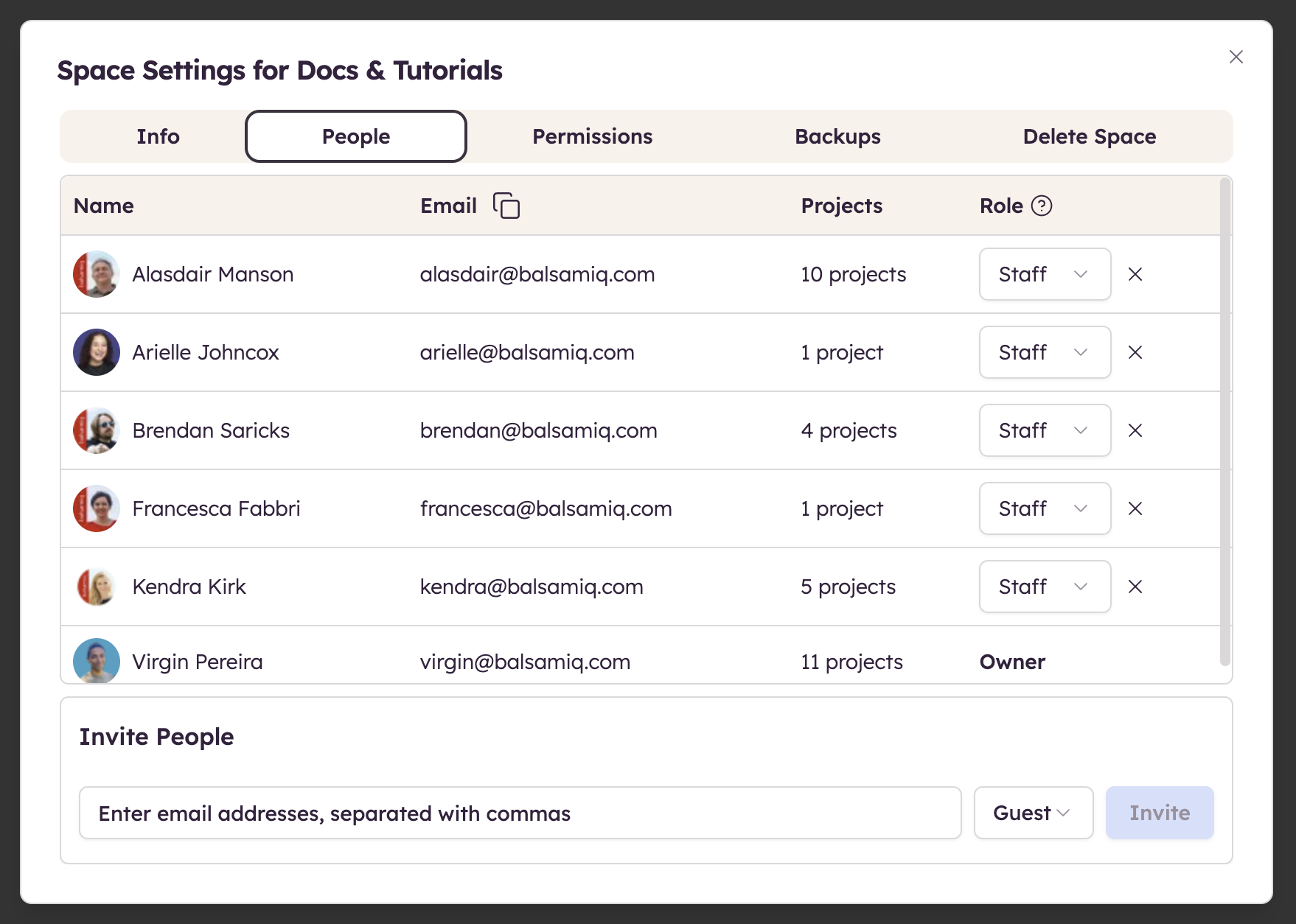 Screenshot of Space Settings showing members, email addresses, project counts, roles, and invite option.