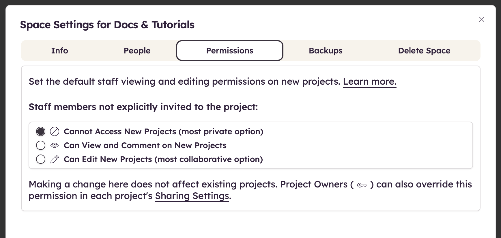 Set default permissions for staff access to new projects in your Space.