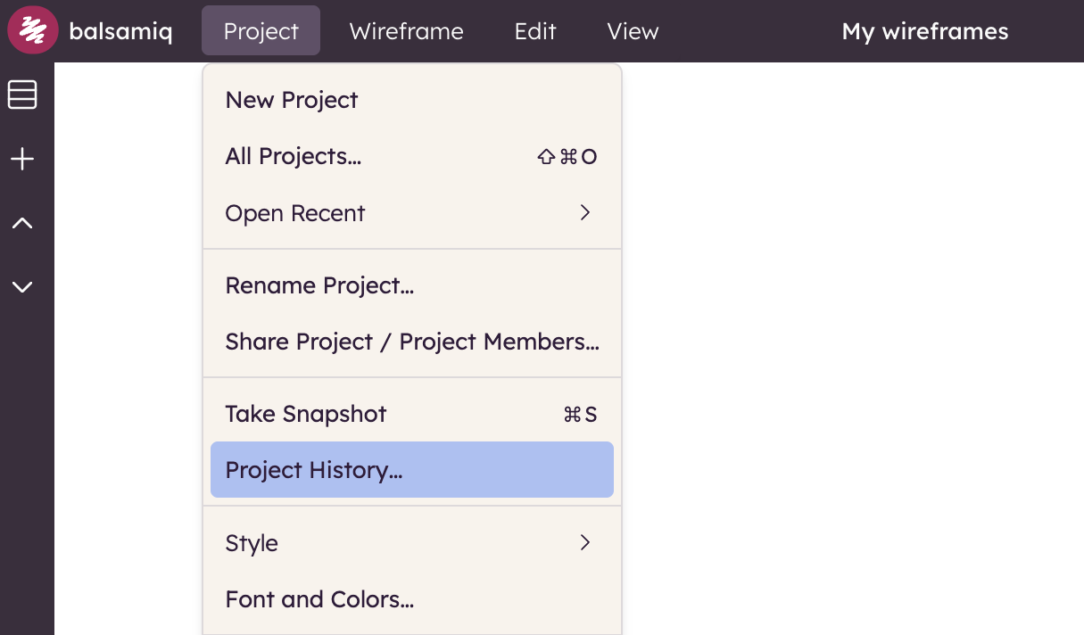 Screenshot of Project menu with “Project History” option to access tracked edits, invites and snapshots