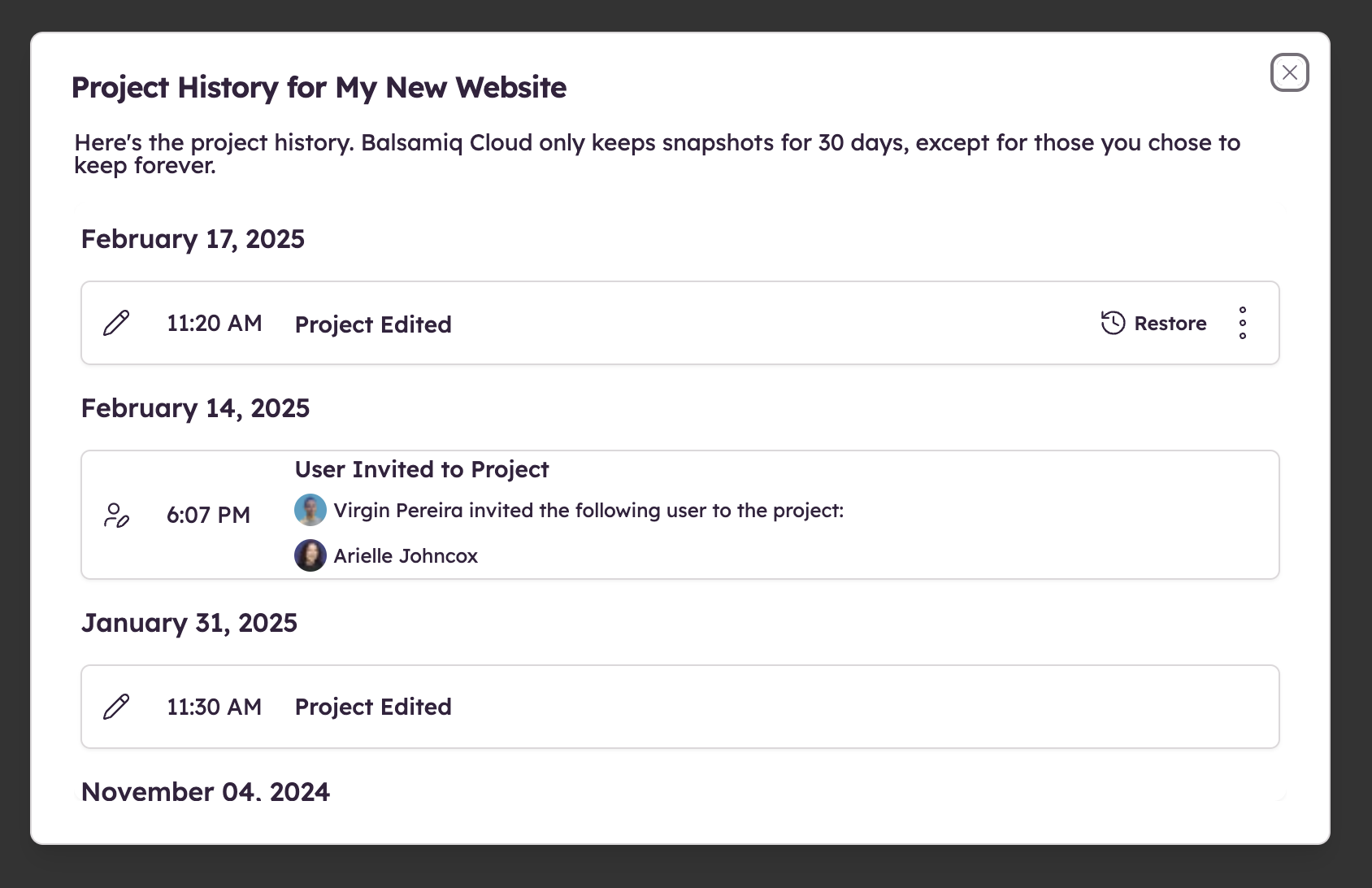 Screenshot of Project History showing tracked edits, invites, and snapshots.