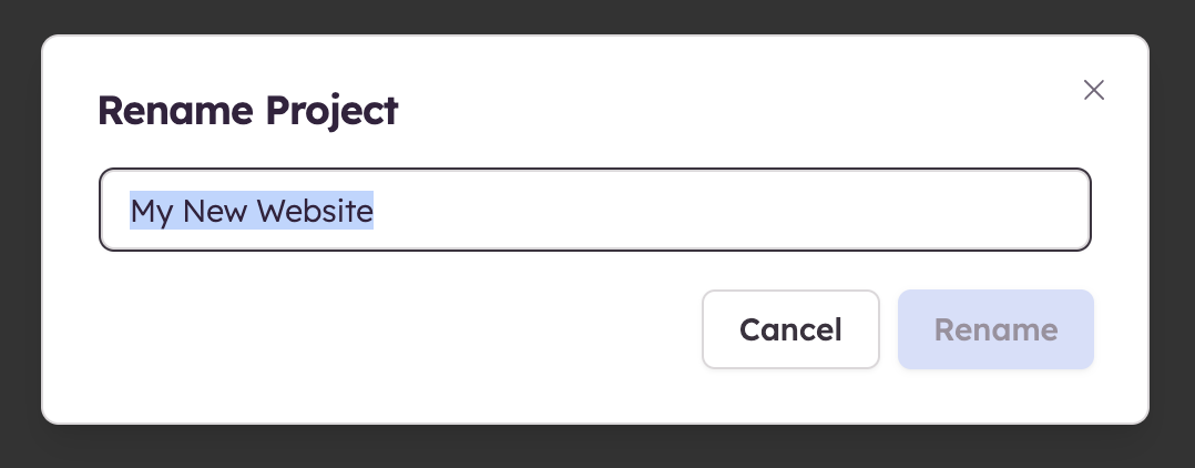 Screenshot of Rename Project dialog, where users can edit the project title and confirm with the Rename button.