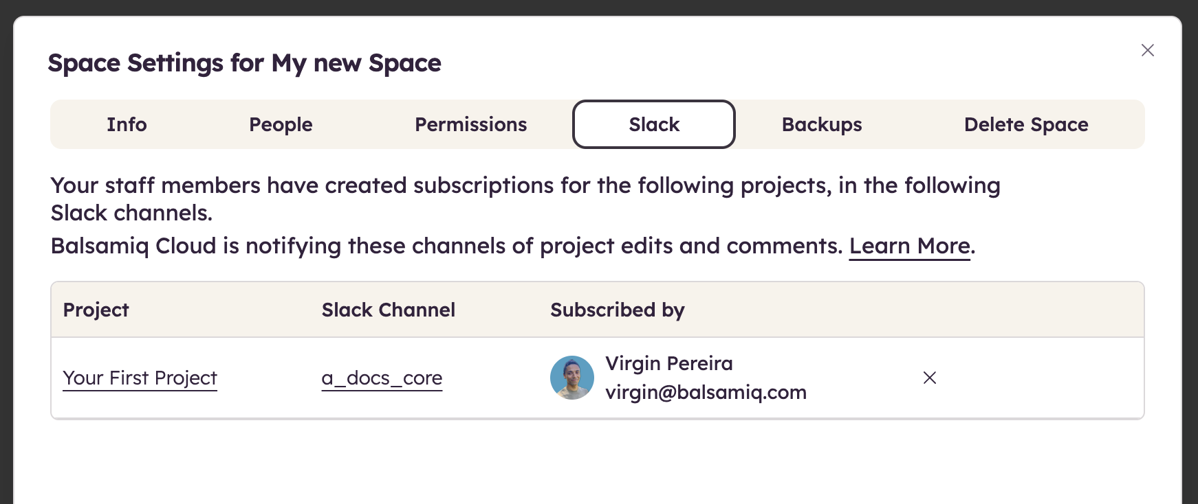 View and manage Slack channel subscriptions linked to Space projects.