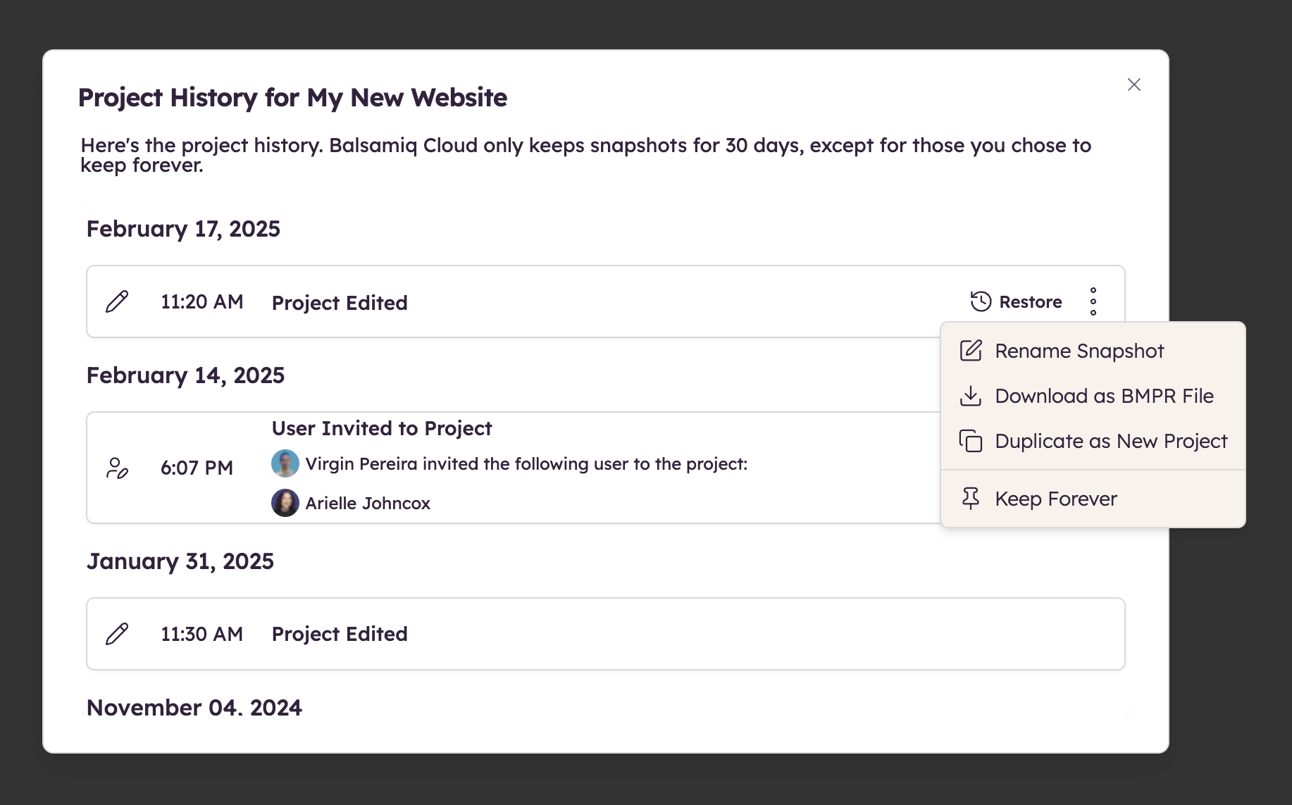 Screenshot of snapshot actions in Project History, including restore, rename, download, duplicate, and keep.