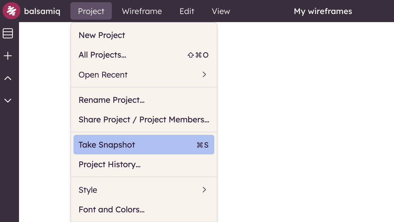 Screenshot of Project menu with “Take Snapshot” option to save the current state of the wireframe manually.