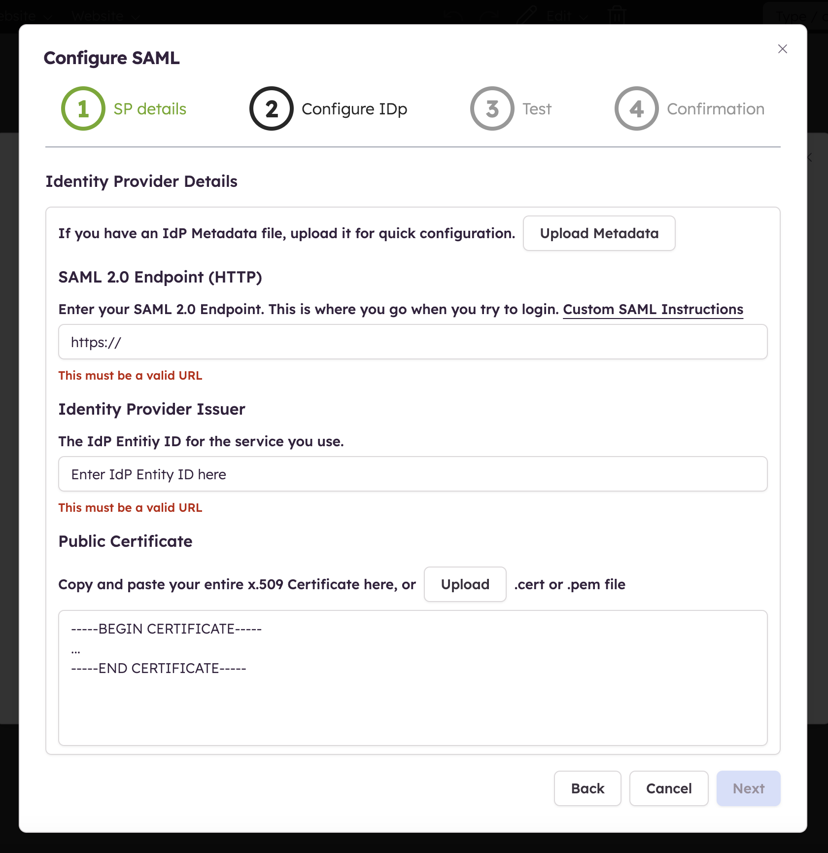 Enter IdP SAML endpoint, entity ID, and certificate or upload metadata to complete provider setup.