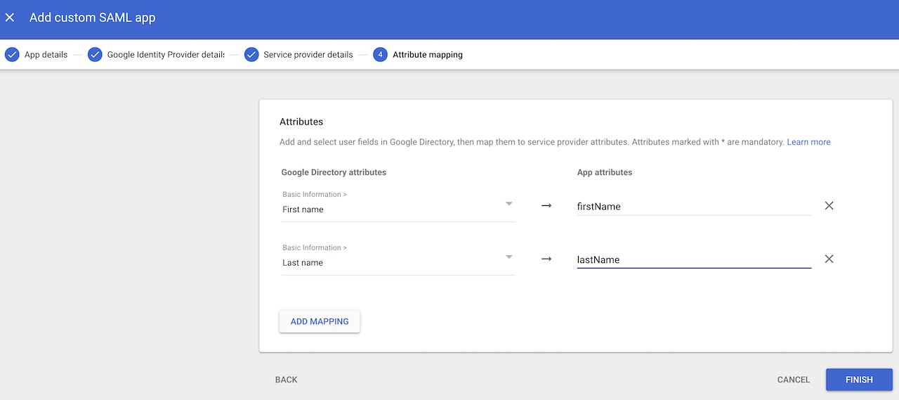 Map Google user attributes for first and last name to match the SAML service provider fields.