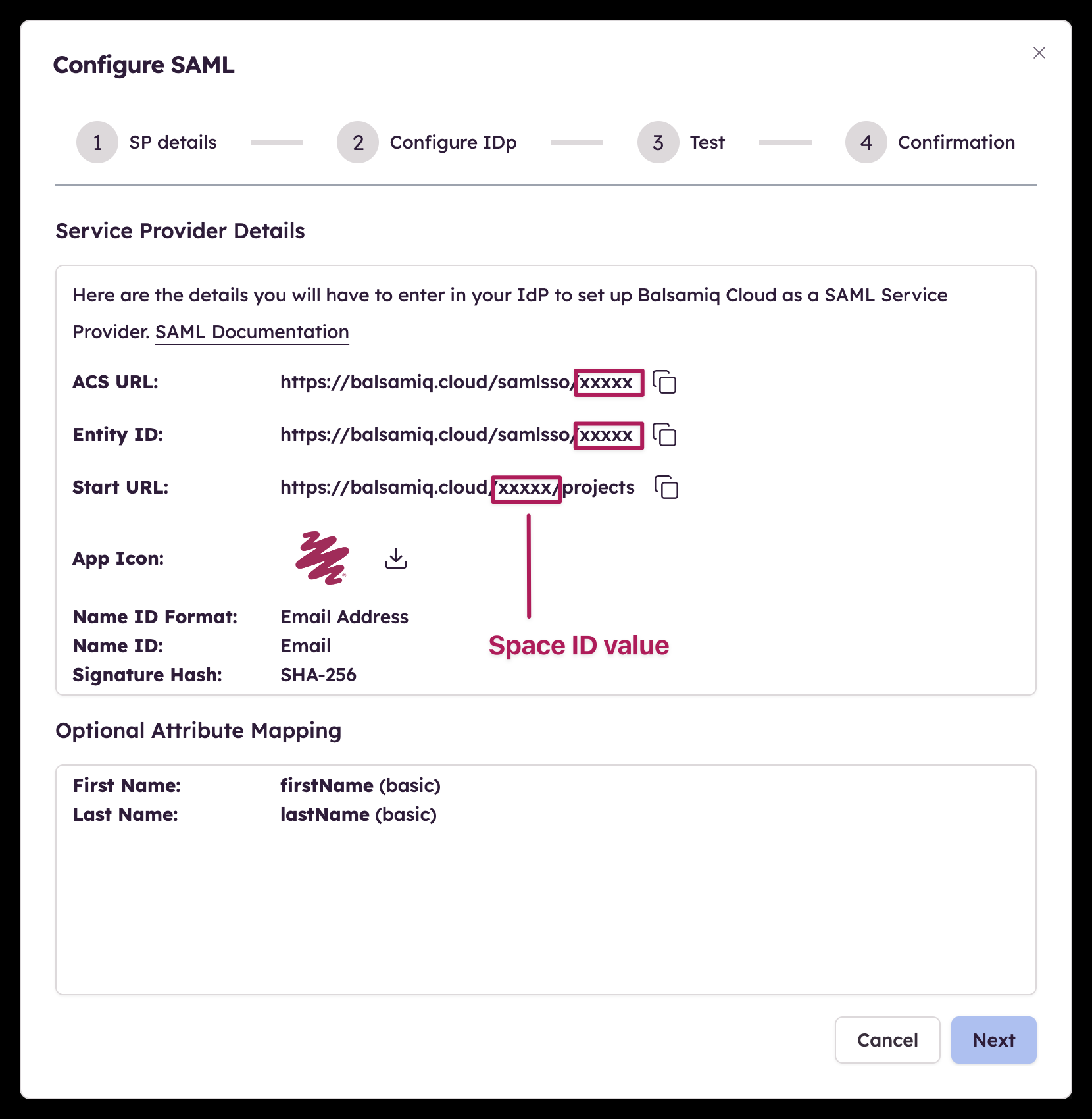 Use your Space ID and configure Keycloak SAML settings including Name ID format, redirect URIs, and signing options.