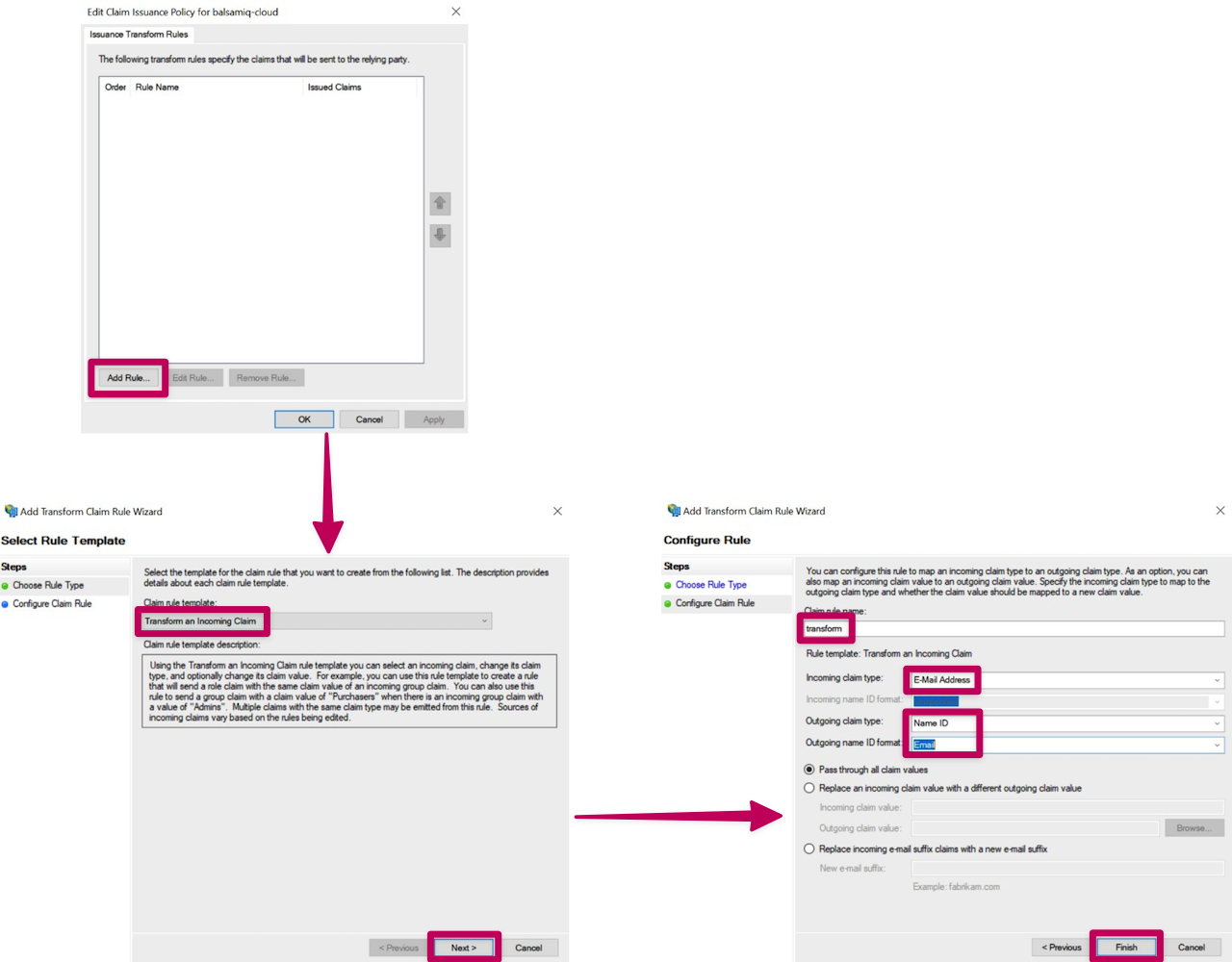 Set up a transform rule in ADFS to map the email address as the SAML Name ID.