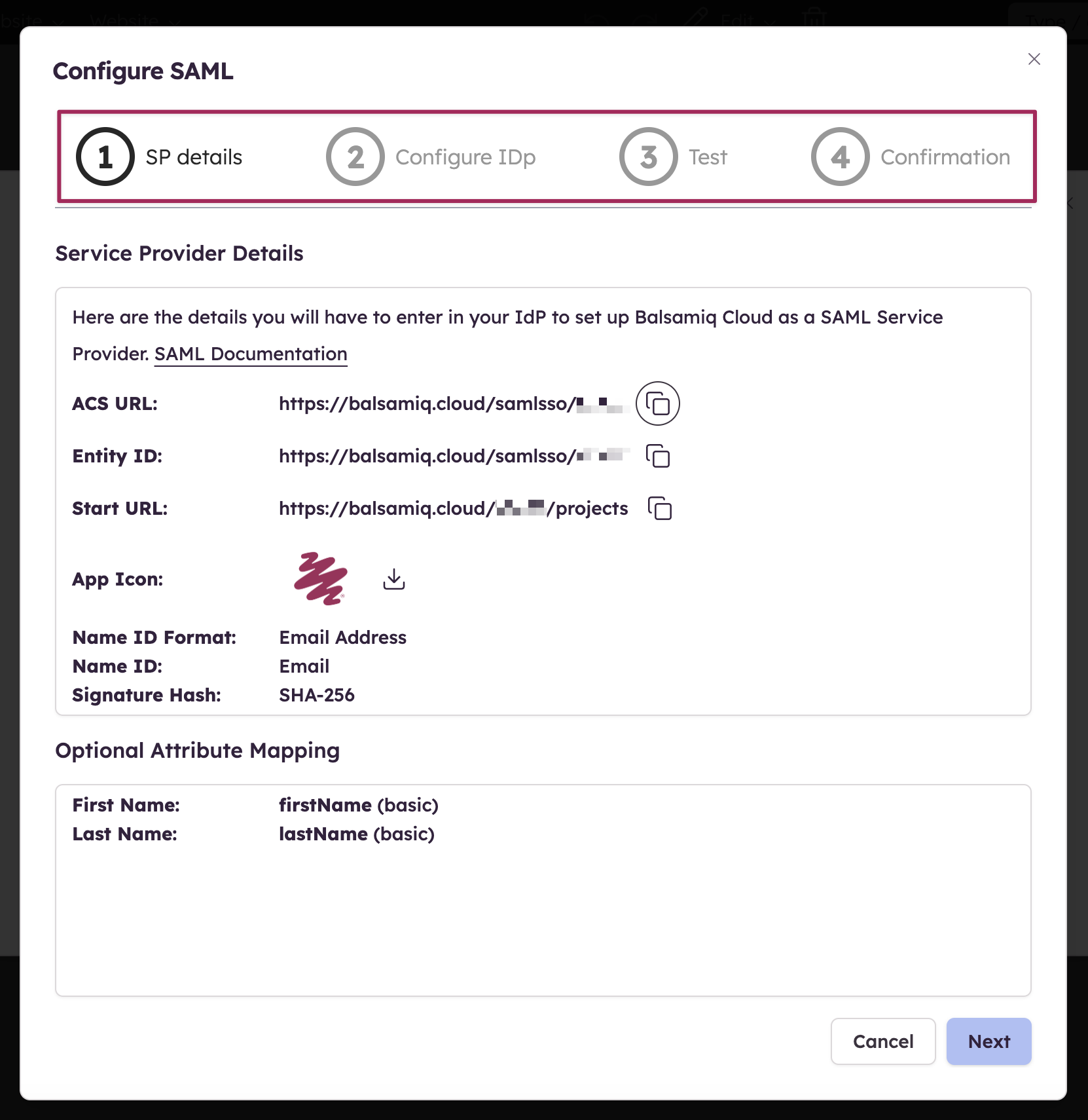 Copy ACS URL, Entity ID, and Start URL to configure Balsamiq Cloud as your SAML service provider.