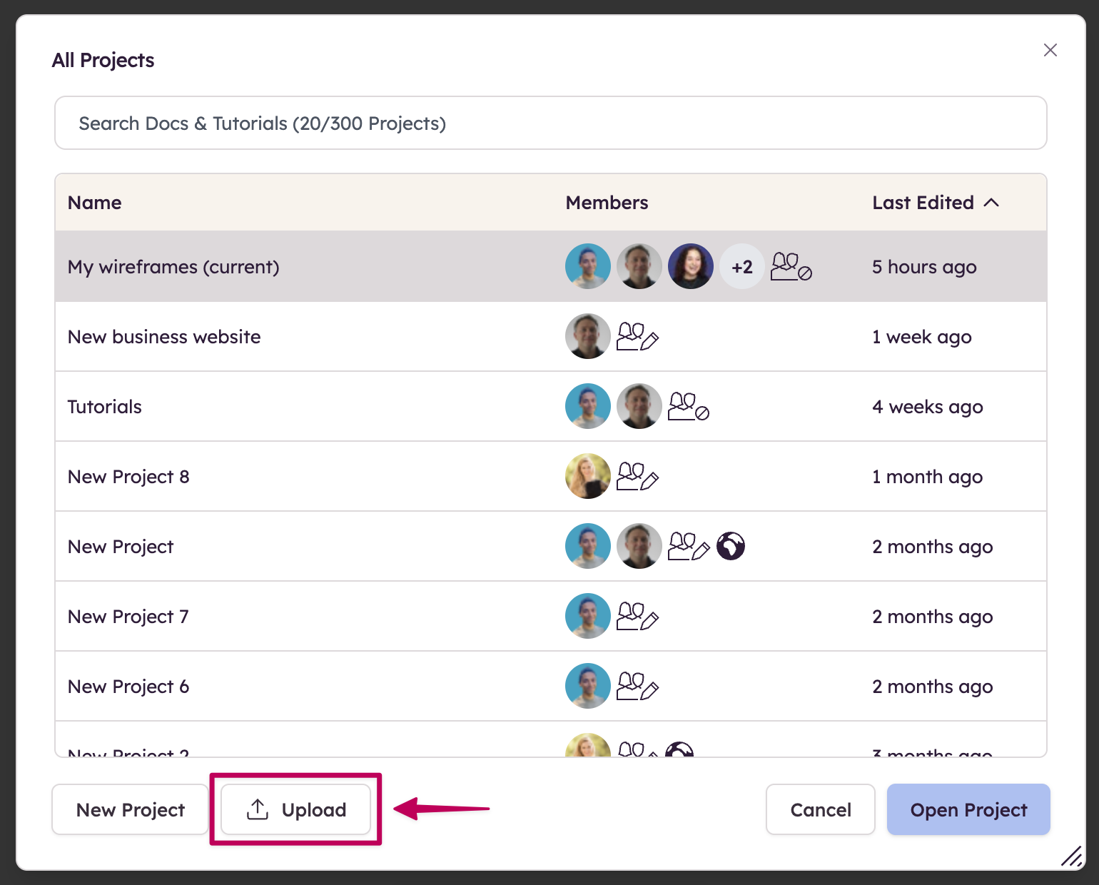Screenshot of All Projects dialog with highlighted Upload button to import existing .bmpr files.
