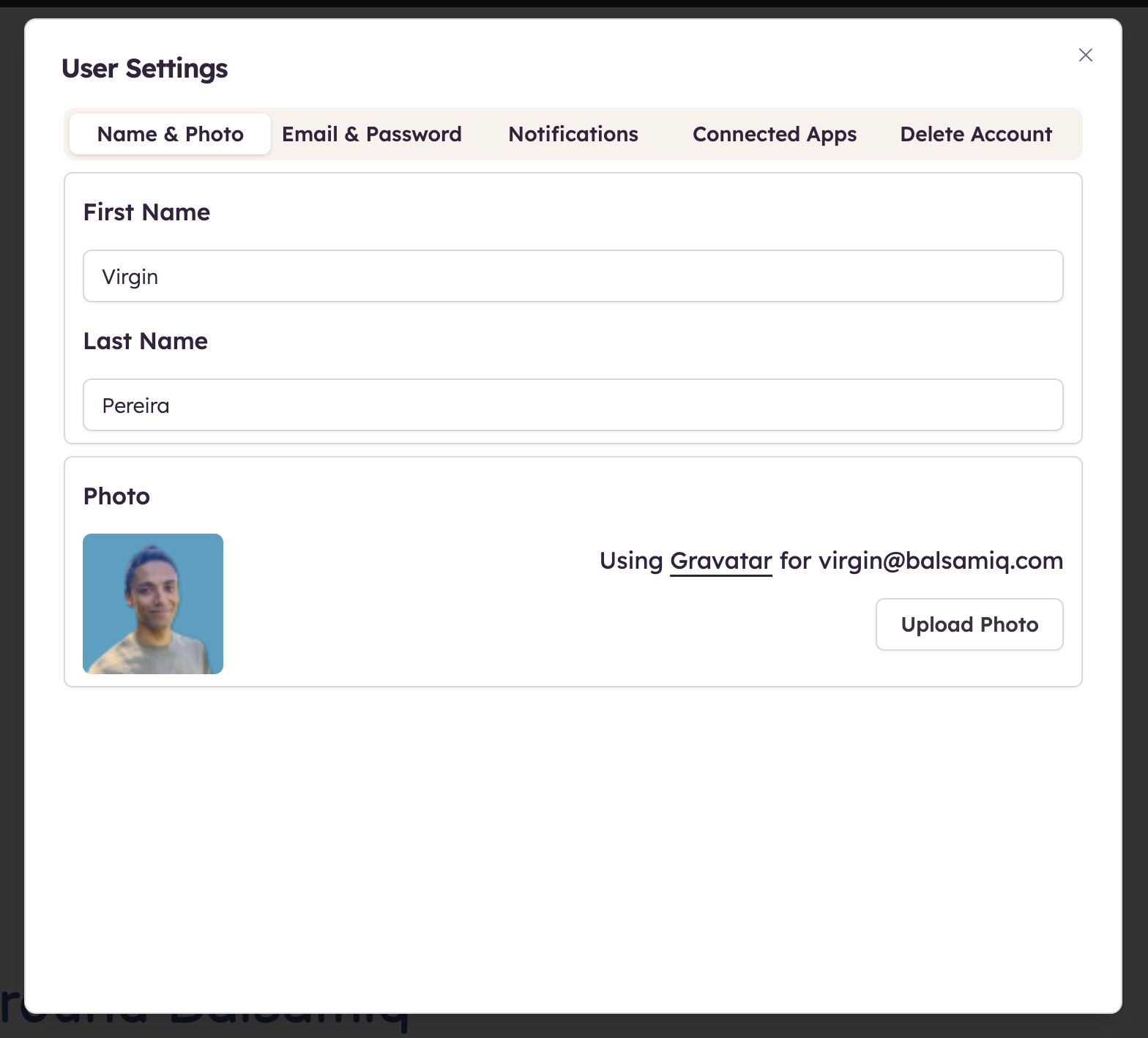 Update your name, email, or profile photo in the Balsamiq Cloud User Settings.