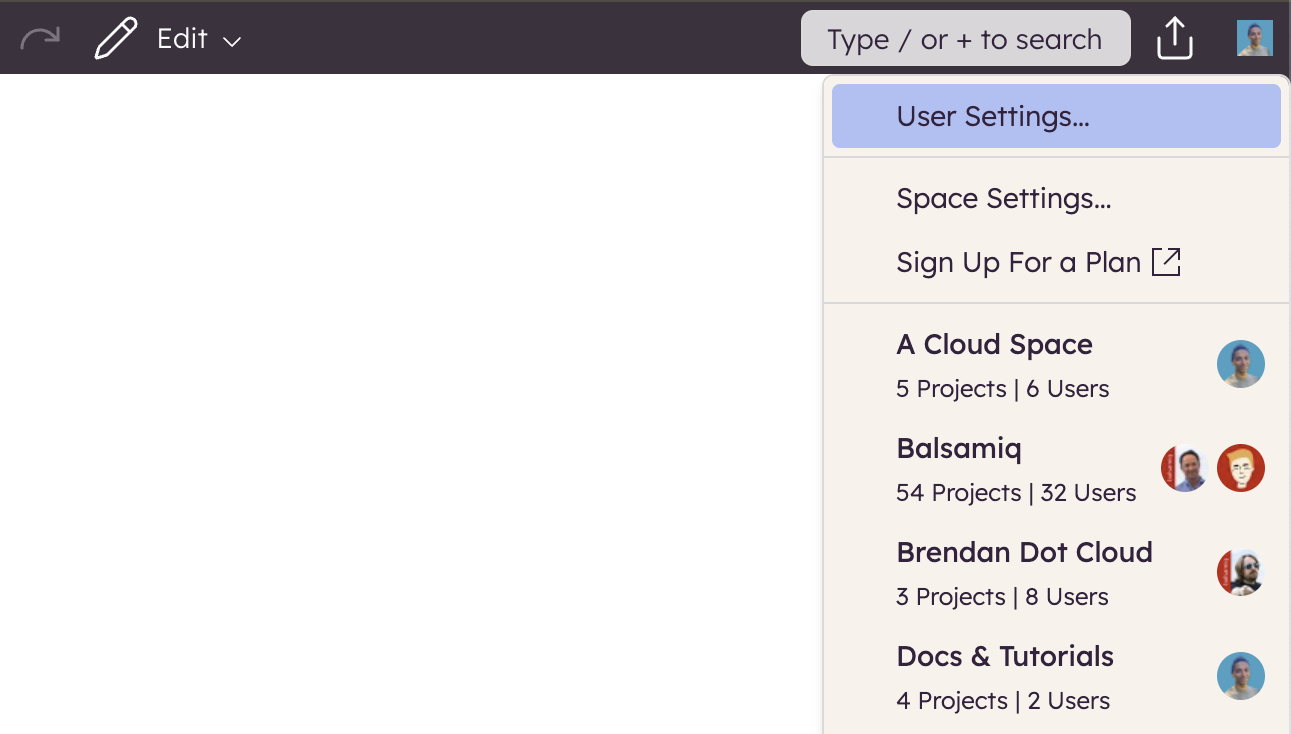 Open Balsamiq Cloud User Settings from your avatar menu to manage account preferences.