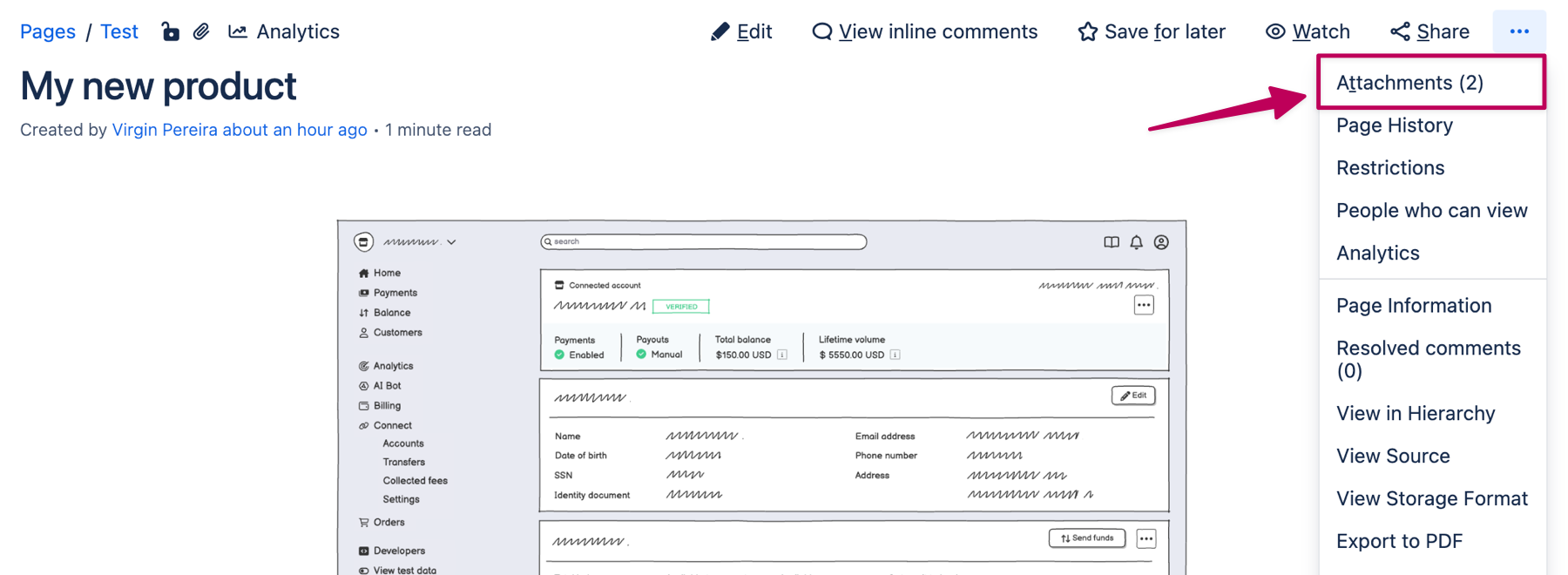 Click “Attachments” in the page menu to locate the PNG version of your wireframe for use on other Confluence pages.