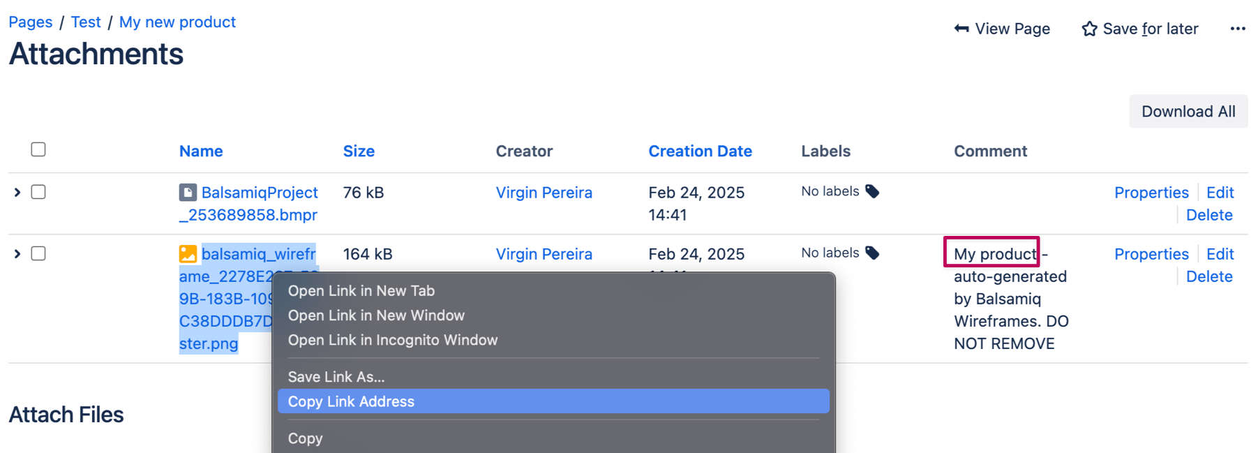 Right-click the wireframe image in the Attachments view to copy its link for embedding on other Confluence pages.