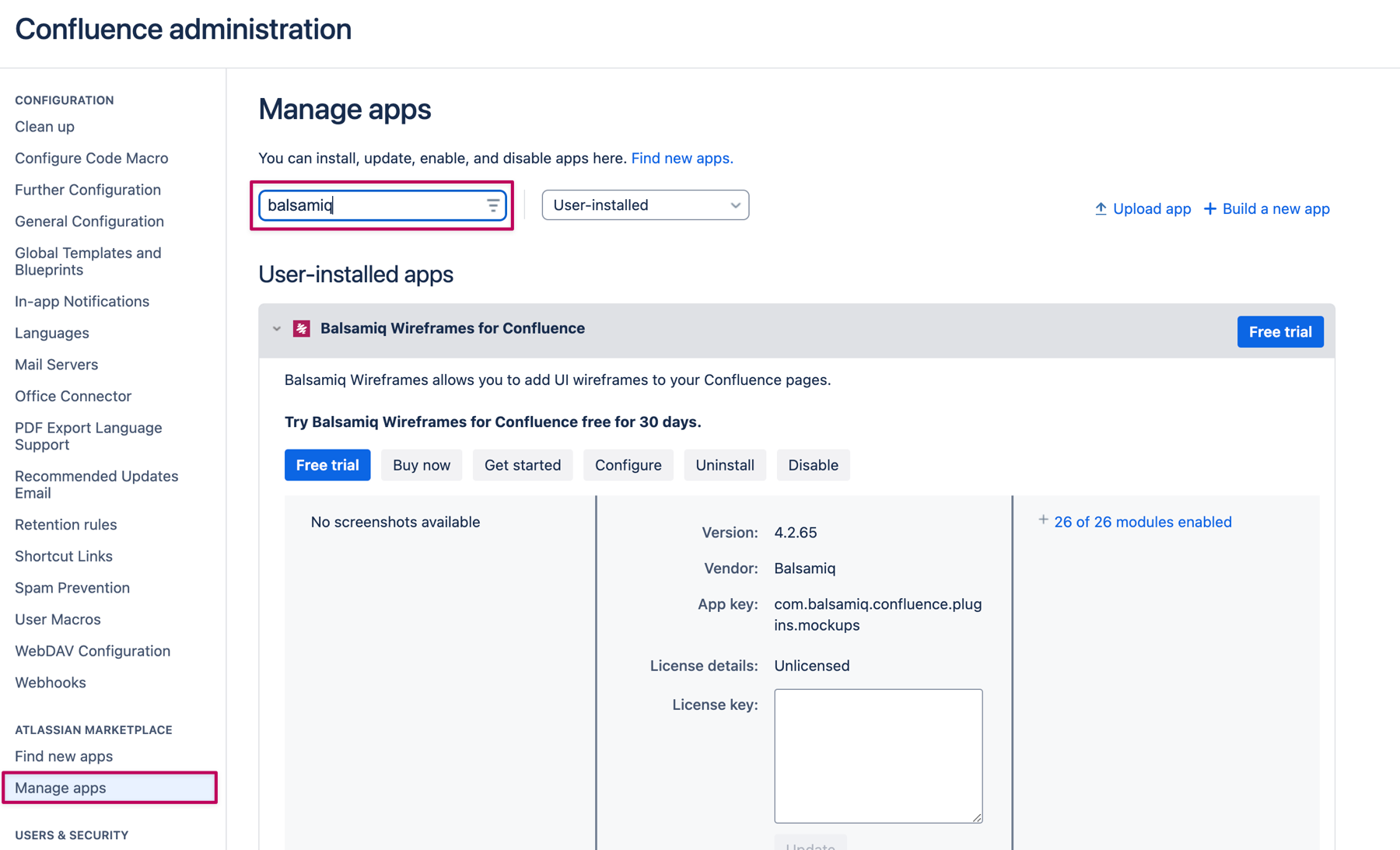 Locate Balsamiq in Manage apps to register your license, configure settings, or uninstall from Confluence.