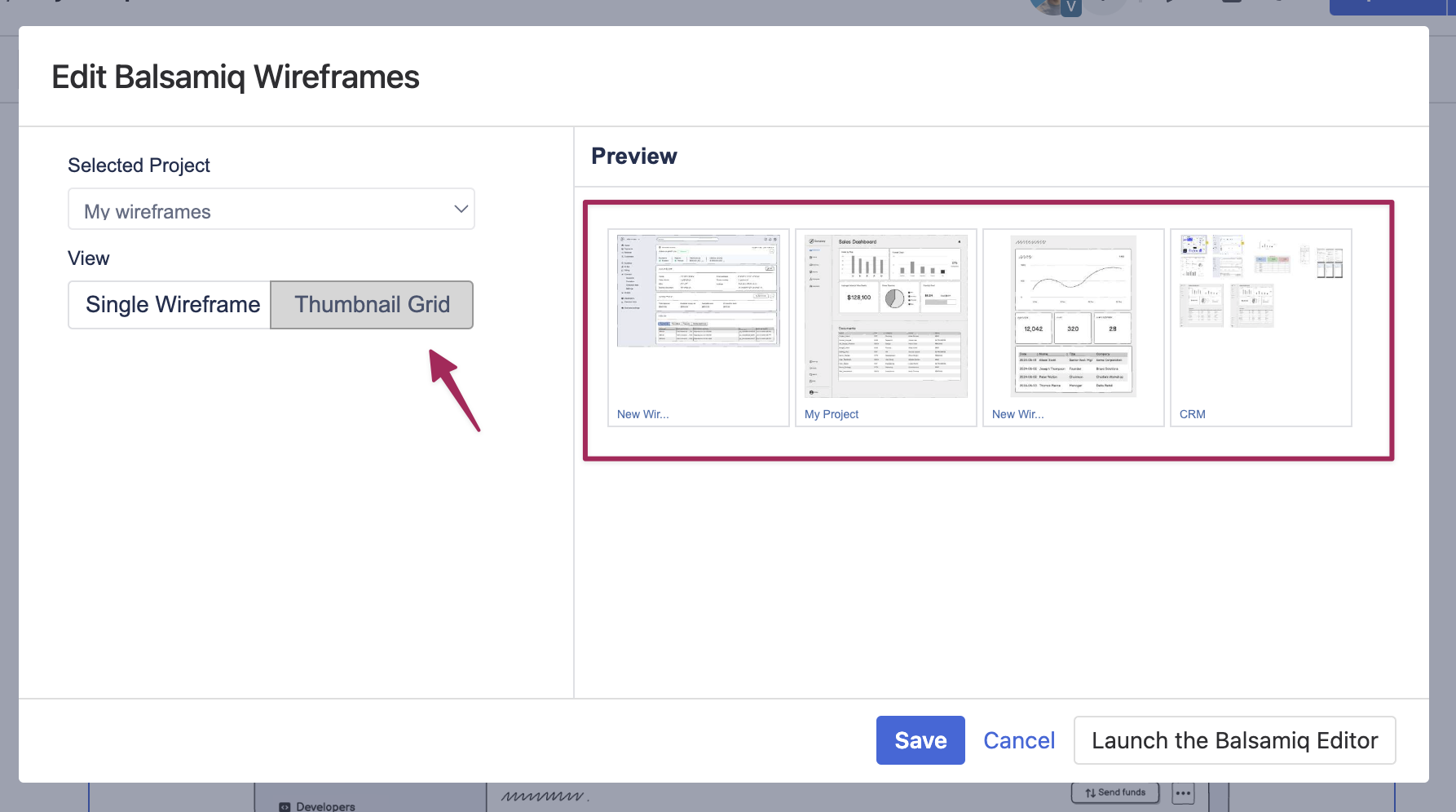 Choose “Thumbnail Grid” view to show all wireframes from a project together on a Confluence page.
