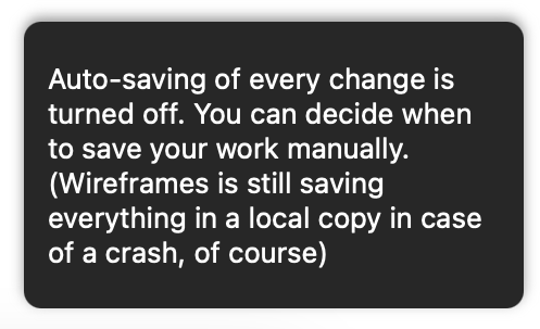 Autosave is off; changes must be saved manually, but a local backup is kept in case of a crash.