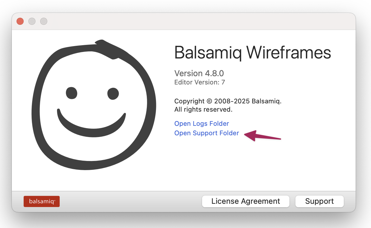 Click “Open Support Folder” in the About window to access backup project files in Balsamiq Wireframes.