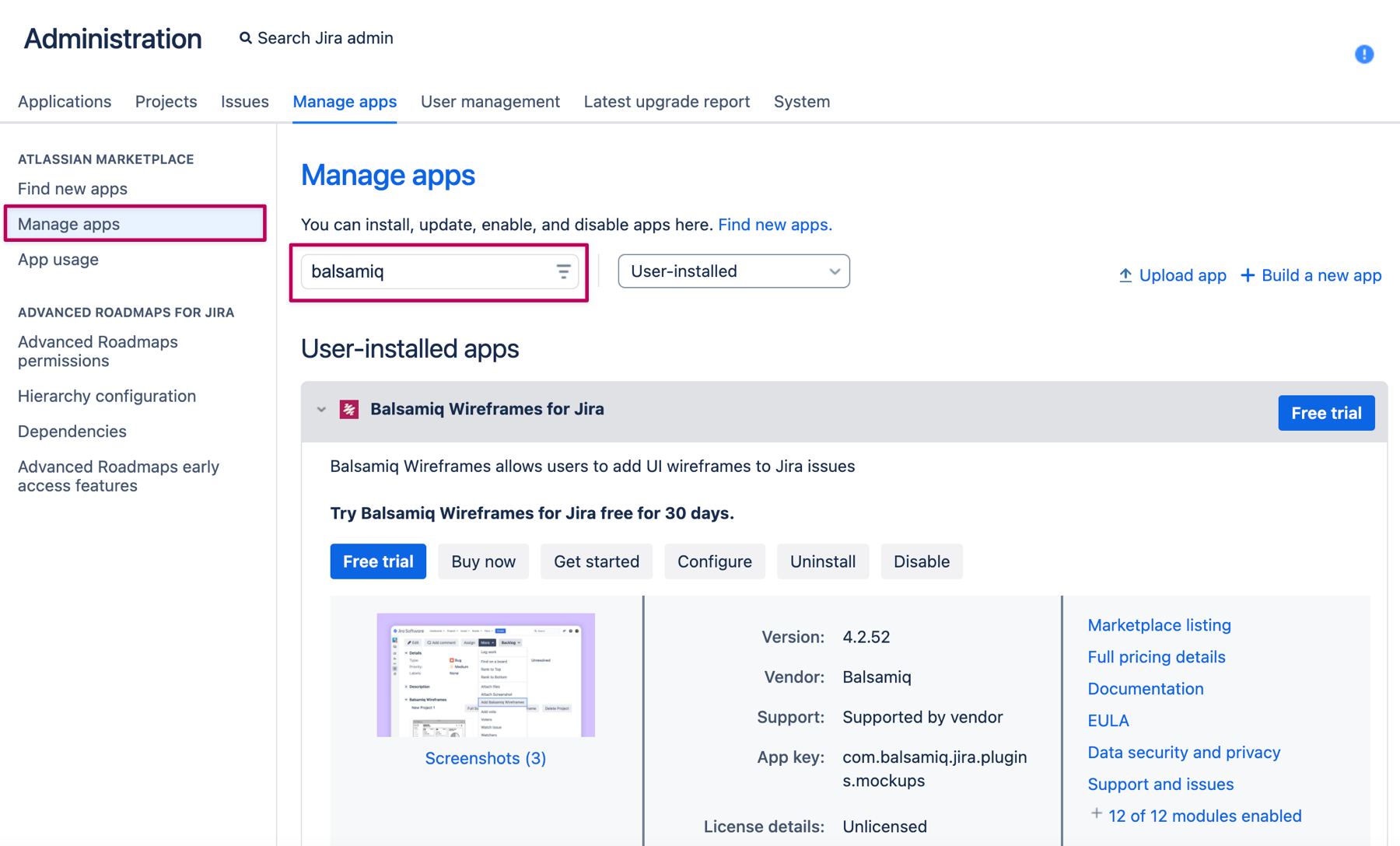 Locate Balsamiq in Manage apps to register your license, configure settings, or uninstall from Jira.