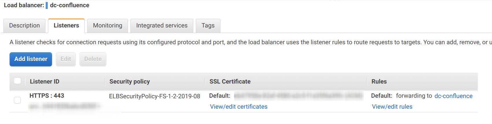 AWS load balancer listener for port 443 with SSL policy and routing rules for RTC and Confluence.