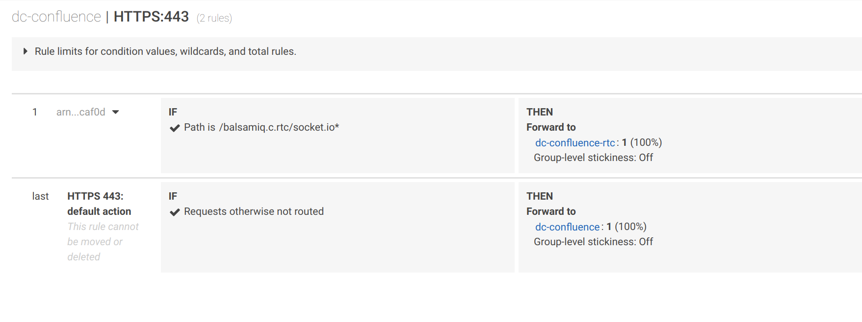 Routing rules for AWS ALB listener to forward /socket.io RTC traffic separately from general Confluence traffic.