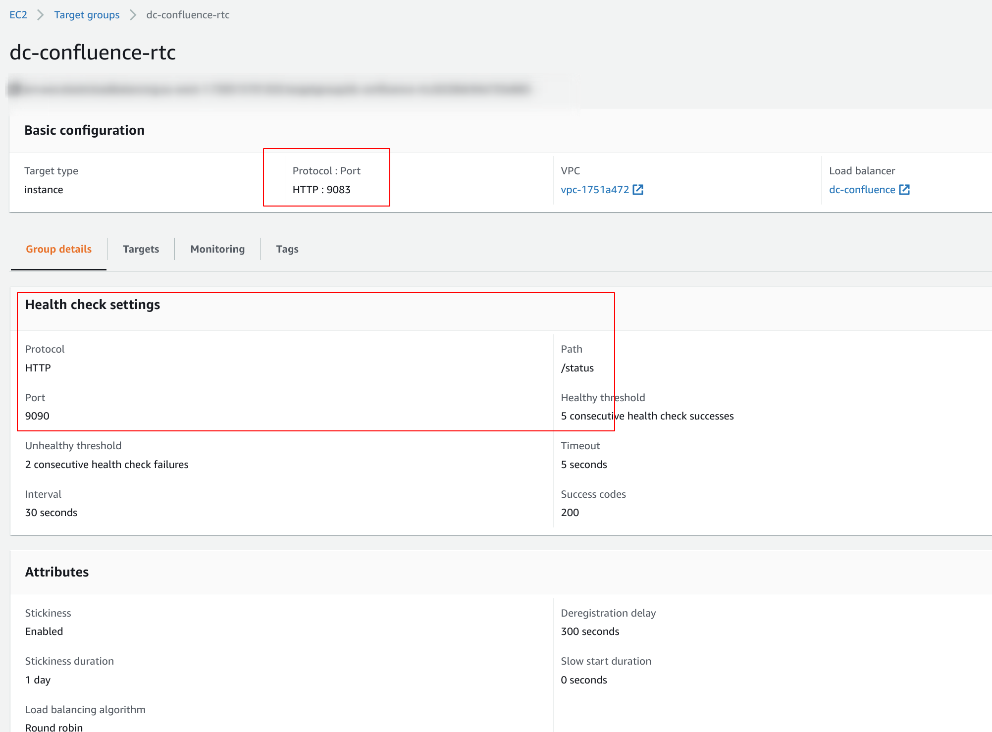 AWS target group settings for RTC health checks, including ports, thresholds, and balancing rules.