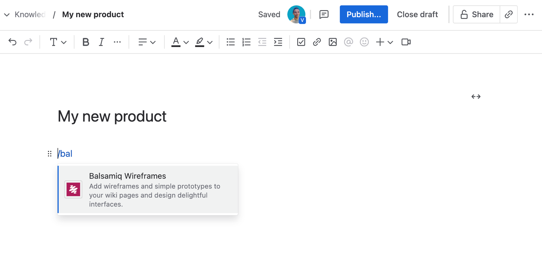 Screenshot of editing a Confluence page and selecting the Balsamiq Wireframes macro to add and design wireframes directly within the page.