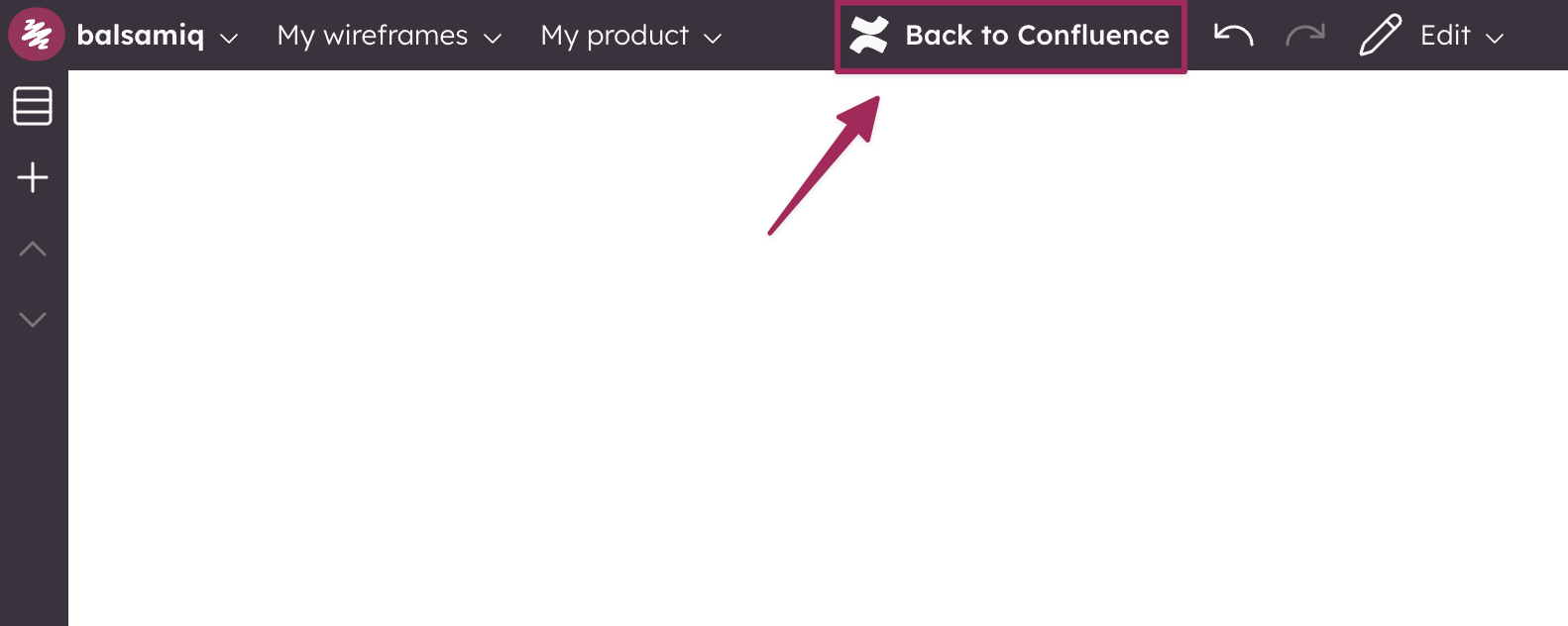 Balsamiq editor with “Back to Confluence” button to finalize edits and update the page.